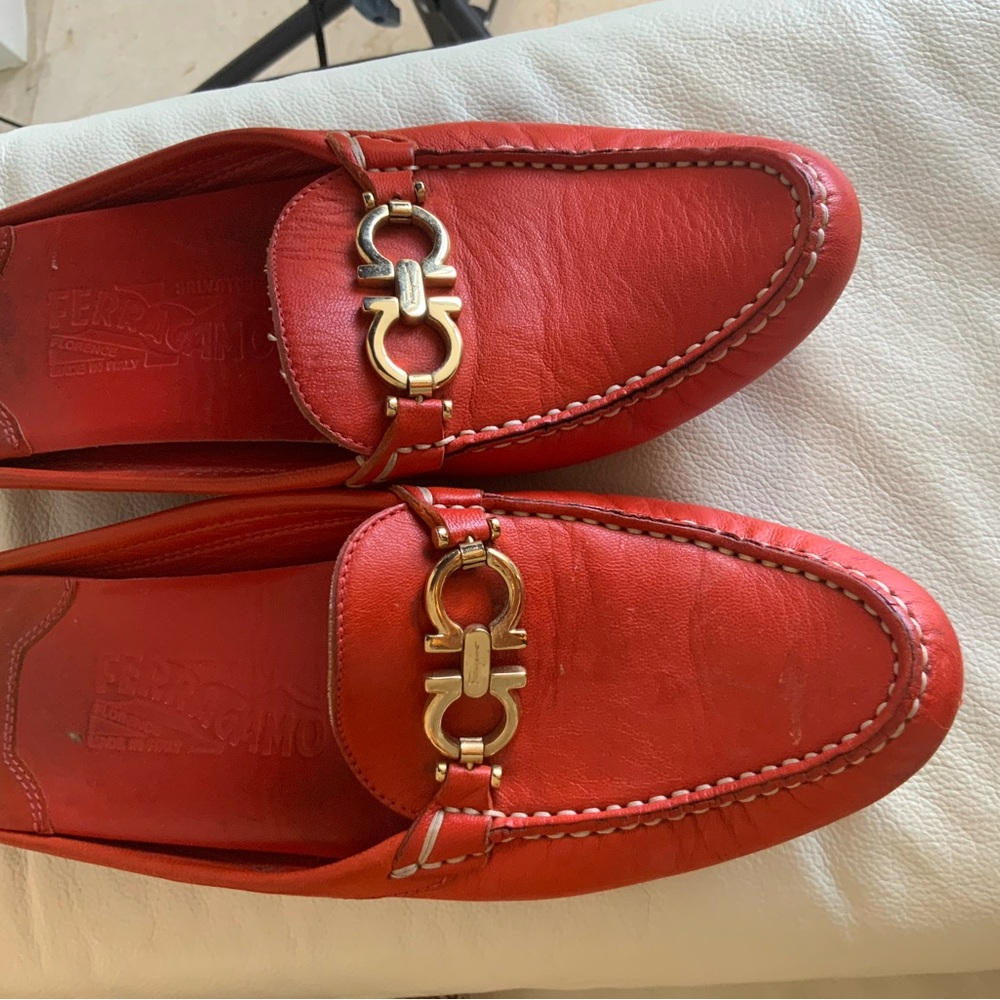 Salvatore Ferragamo Red Leather Horsebit Slip-On Loafers